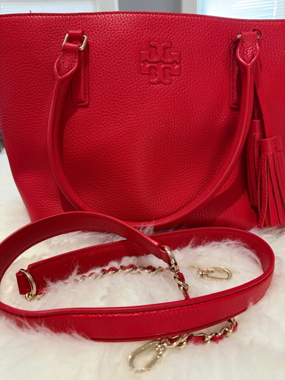 Tory Burch Vibrant Red Pebbled Leather Tassel Tote